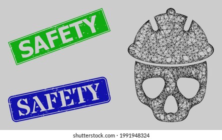 Modelo de cráneo de casco de seguridad de la red de alambre y precintos de goma rectangulares de color azul y verde de seguridad. Símbolo de red de marco basado en el icono del cráneo del casco de seguridad. Los sellos contienen la etiqueta Seguridad dentro del marco rectangular.