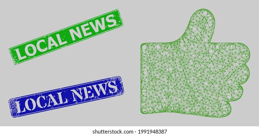 Wireframe Net Thumb Like Model, And Local News Blue And Green Rectangular Scratched Stamp Seals. Frame Net Image Designed With Thumb Like Icon.