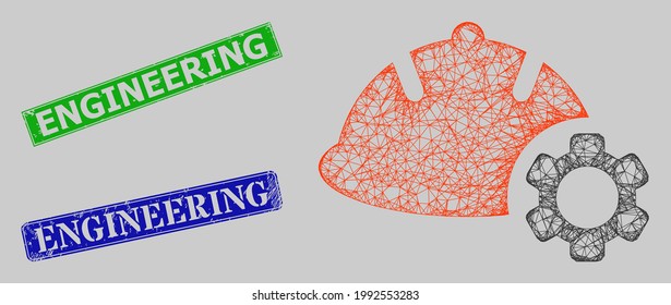 Wireframe network engineering model, and Engineering blue and green rectangle grunge stamp seals. Frame network illustration based on engineering pictogram.