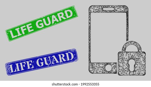 Wireframe network locked smartphone model, and Life Guard blue and green rectangular unclean stamp seals. Carcass net illustration is designed with locked smartphone pictogram.