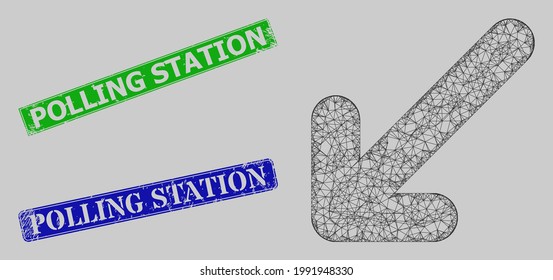 Wireframe network move down left model, and Polling Station blue and green rectangle dirty stamp seals. Frame network symbol is based on move down left icon.