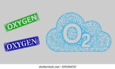 Wireframe network oxygen gas model, and Oxygen blue and green rectangle corroded seal prints. Frame network symbol is designed with oxygen gas pictogram.