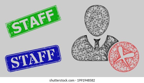 Wireframe network remove user model, and Staff blue and green rectangle dirty stamp seals. Frame net mesh image designed with remove user icon. Stamp seals include Staff tag inside rectangle frame.