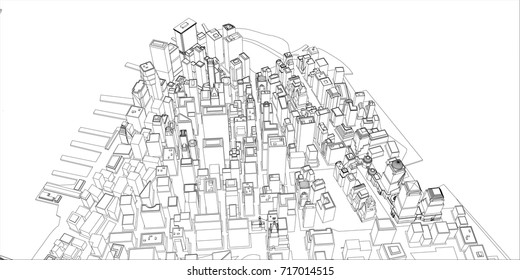 Wire-frame New York City, Blueprint Style. 3D Rendering Vector Illustration. Architecture Design Background