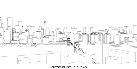 Wire-frame New York City, Blueprint Style. 3D Rendering Vector Illustration. Architecture Design Background