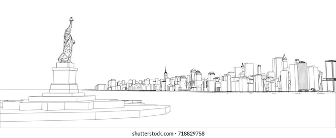 Wire-frame New York City, Blueprint Style. 3D Rendering Vector Illustration. Architecture Design Background