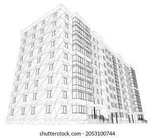 Wireframe of a nine-storey house from black lines, isolated on a white background. Bottom view. 3D. Vector illustration