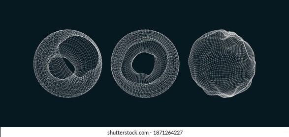 Wireframe object with lines and dots. Abstract 3D connection structure. Geometric shape for design. Molecular grid. Vector.