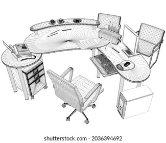 Wireframe of office worker workplace with computer, monitor, telephone and other from black lines isolated on white background. 3D. Vector illustration