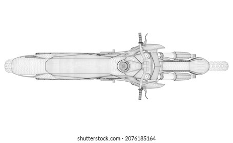 Wireframe of off-road cross motorcycle from black lines isolated on white background. View from above. 3D. Vector illustration