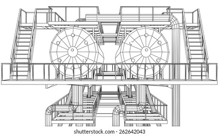 Wire-frame Oil and Gas industrial equipment. Tracing illustration of 3d. EPS 10 vector format.