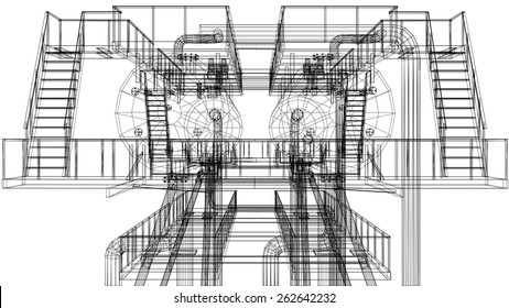 Wire-frame Oil and Gas industrial equipment. Tracing illustration of 3d. EPS 10 vector format.