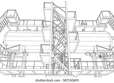 Wire-frame Oil and Gas industrial equipment. Tracing illustration of 3d.