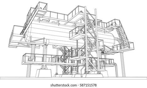 Wire-frame Oil and Gas industrial equipment. Tracing illustration of 3d.