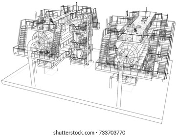Wire-frame Oil and Gas industrial equipment. Tracing illustration of 3d.