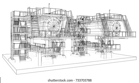 Wire-frame Oil and Gas industrial equipment. Tracing illustration of 3d.