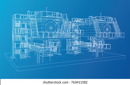 Wire-frame Oil and Gas industrial equipment. Tracing illustration.