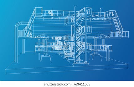 Wire-frame Oil and Gas industrial equipment. Tracing illustration.