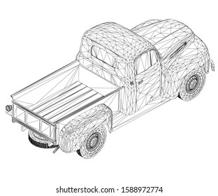 Wireframe of an old pickup truck isolated on a white background. View isometric. Vector illustration