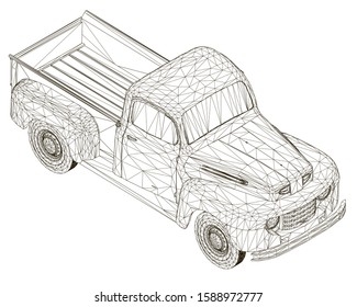 Wireframe of an old pickup truck isolated on a white background. View isometric. Vector illustration