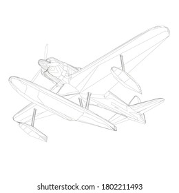 Wireframe of an old plane for landing and taking off from the water. Bottom view. 3D. Vector illustration