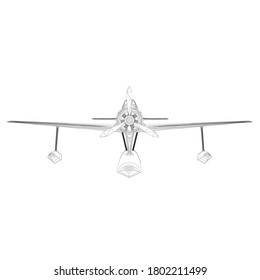 Wireframe of an old plane for landing and taking off from the water. Front view. 3D. Vector illustration