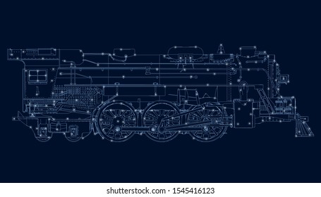 Wireframe of an old train of blue lines on a dark background with luminous lights. Side view. Vector illustration