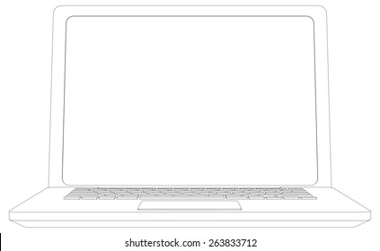 Wire-frame open laptop. Front view. Vector illustration rendering of 3d