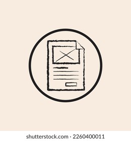 Wireframe outline icon inside a circle with sketch lines, photo frame and button.