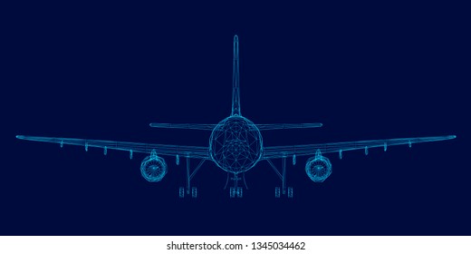 Wireframe of the passenger aircraft of the blue lines on a dark background. Front view. Vector illustration