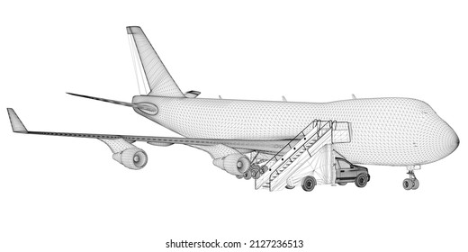 Wireframe of a passenger plane with an approached ladder for disembarking people from black lines isolated on a white background. 3D. Vector illustration