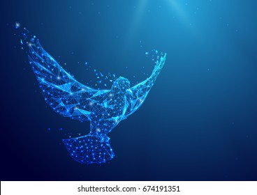 Wireframe Peace dove sign mesh from a starry on blue background.  International Peace Day