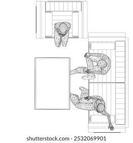 Wireframe of people sitting on sofa and chair at table. Top view. Vector illustration. 3D
