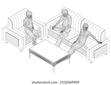 Drahtgitter von Menschen, die auf Sofa und Stuhl am Tisch sitzen. Isometrische Ansicht. Vektorgrafik. 3D