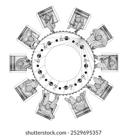 Wireframe of people sitting in restaurant on chairs at the round table from black lines isolated on white background. Restaurant interior. Top view. Vector illustration. 3D