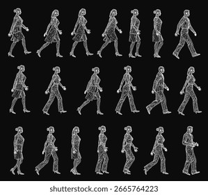 Wireframe of people walking in various poses create dynamic movement on a black background. The wireframe-style figures are arranged to convey energy and motion. Side view