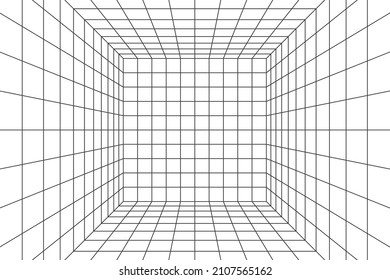 Wireframe perspective cube. 3d wireframe grid room. 3d perspective laser grid. Cyberspace white background with black mesh. Futuristic digital hallway space in virtual reality. Vector illustration.