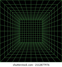 Wireframe perspective cube. 3d wireframe grid room. 3d perspective laser grid. Cyberspace black background with green mesh. Futuristic digital hallway space in virtual reality. Vector illustration.