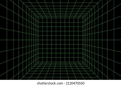 Wireframe perspective cube. 3d wireframe grid room. 3d perspective laser grid. Cyberspace black background with green mesh. Futuristic digital hallway space in virtual reality. Vector illustration.