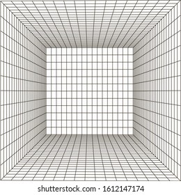 wireframe perspective cube, grid structured inside room, outline vector illustration, design template 