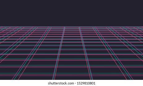Wireframe perspective grid. Abstract wireframe landscape. Detailed lines on background. 3d vector illustration.