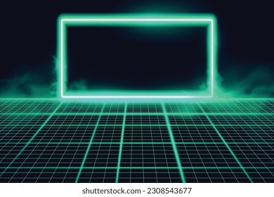 Wireframe perspective grid with glowing neon frame. Abstract retro background. Vector illustration.
