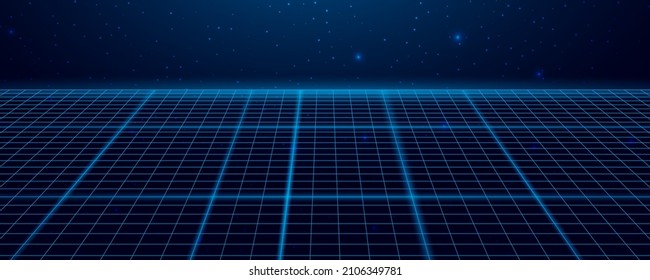 Wireframe perspective grid. Space neon infinity mesh, abstract retro  background. Vector illustration.