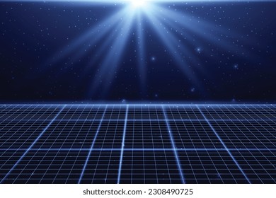 Wireframe perspective grid. Space neon infinity mesh, abstract retro  background. Vector illustration.