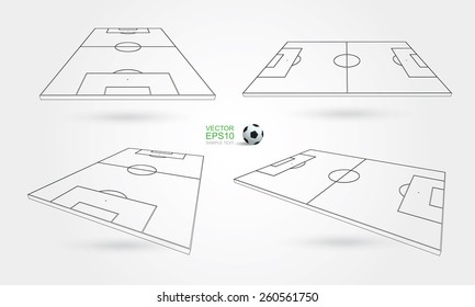 Wireframe perspective view of soccer field and soccer ball on white background. Vector illustration.