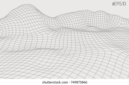 Wireframe petspective vector landscape, linear cyberspace grid, vector beckground, 3d frame relief, black and white abstract illustration