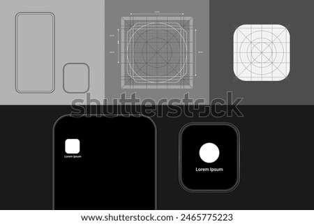 Wireframe of a phone and a smartwatch. Templates and design grid for app icons.
