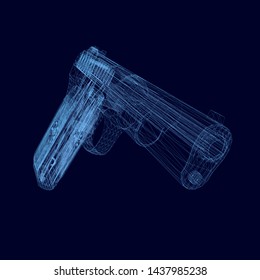 Wireframe pistol of blue lines. 3D Vector illustration.