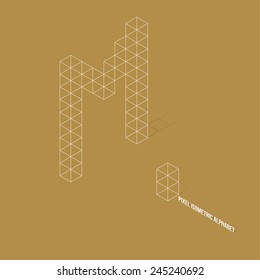 Wireframe Pixel Isometric Alphabet Letter M - Vector Illustration - Flat Design - Typography