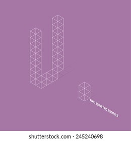 Wireframe Pixel Isometric Alphabet Letter U - Vector Illustration - Flat Design - Typography